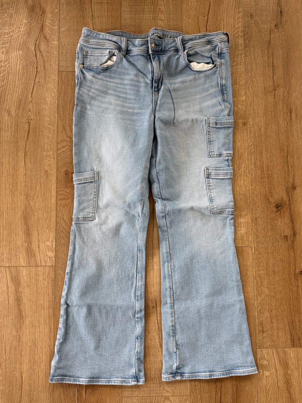 American Eagle Kick Boot Cargo Flare Jeans Size 14 Short Light Wash